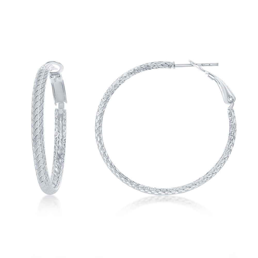 Sterling Silver 35mm Grid-Like Design Hoop Earrings