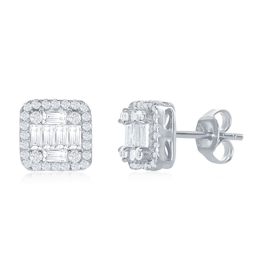 Sterling Silver Square Baguette CZ Stud Earrings