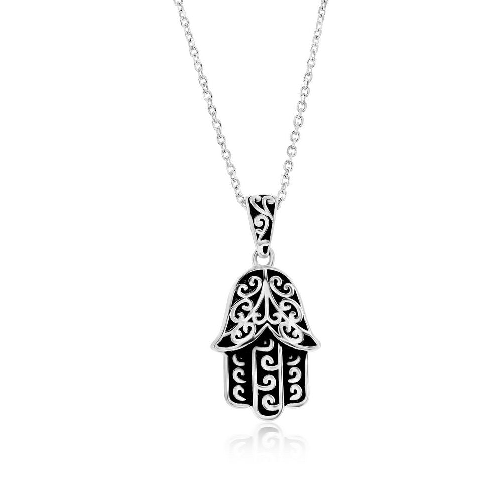 Sterling Silver Oxidized Hamsa Pendant w/18” Chain