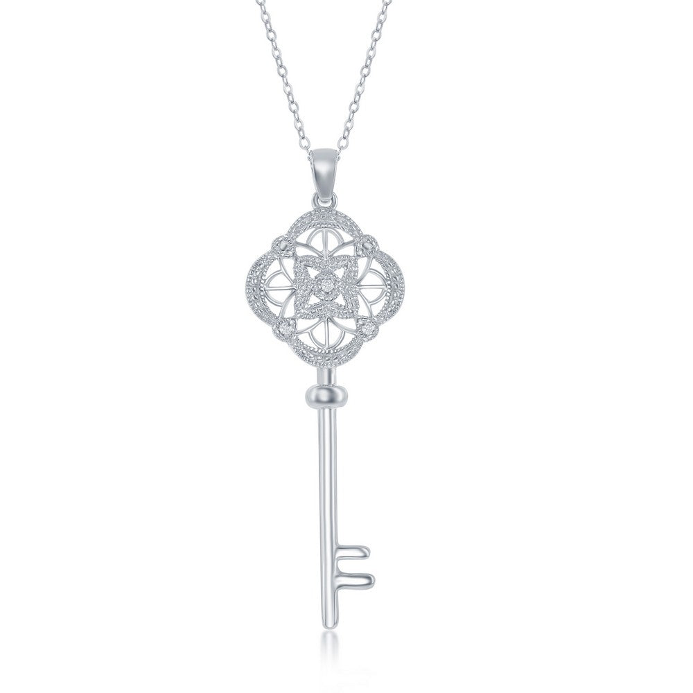 Sterling Silver Design Top Key, Diamond Pendant- Chain NOT Included