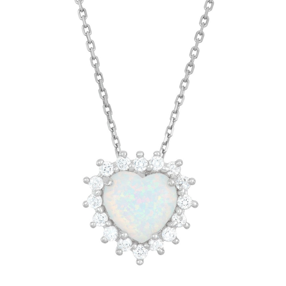 18 inch Sterling Silver White Inlay Opal Heart with CZ Border Pendant