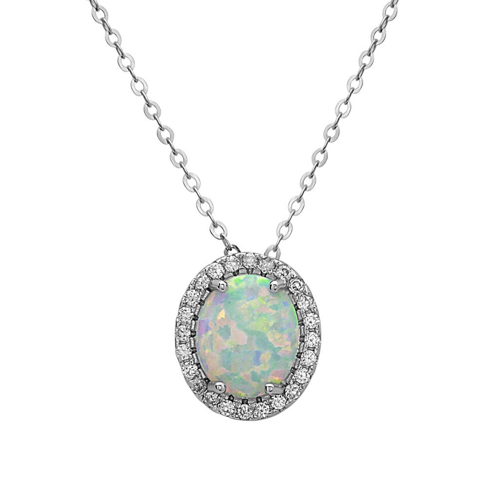 Sterling Silver White Inlay Opal Oval with CZ Border Pendant