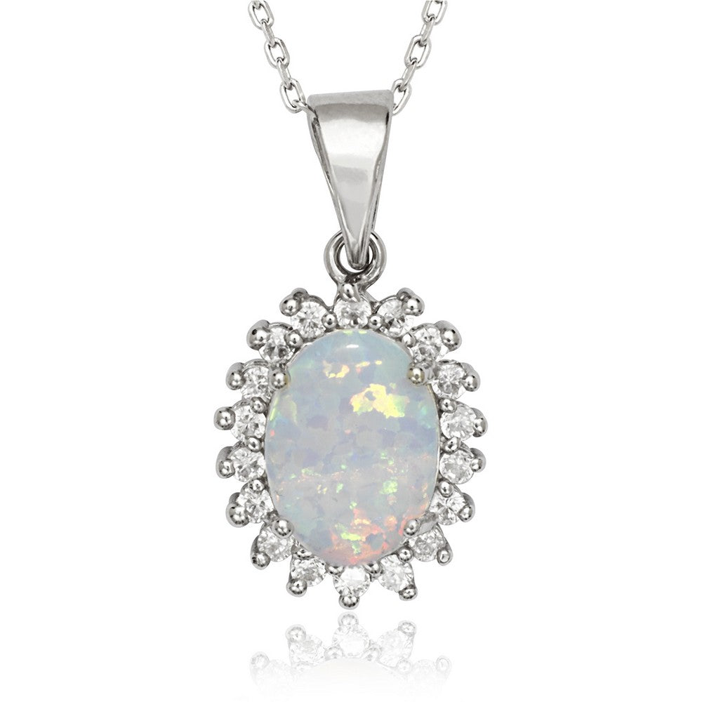 Sterling Silver, Oval CZ with Center White Inlay Opal Pendant CHAIN NOT INCLUDED