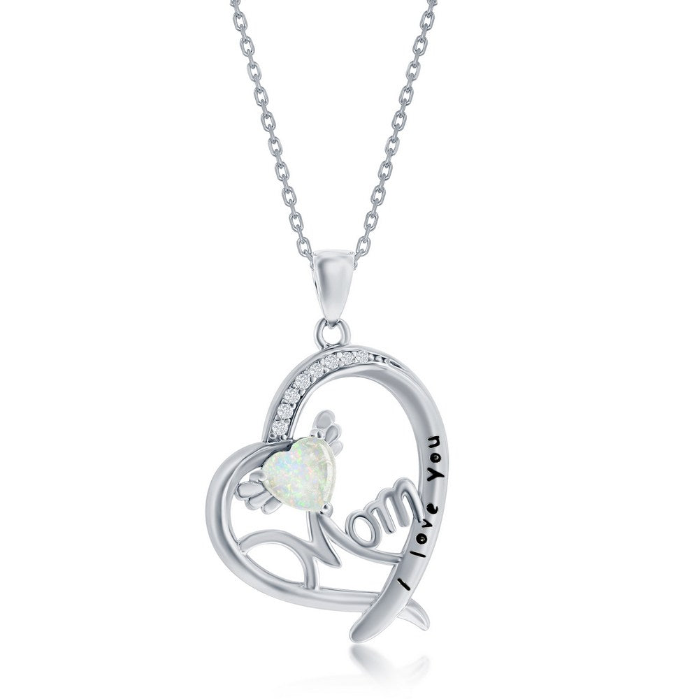Sterling Silver, 'I Love You Mom' Angel Wing, CZ Heart Pendant - White Opal. Chain NOT included