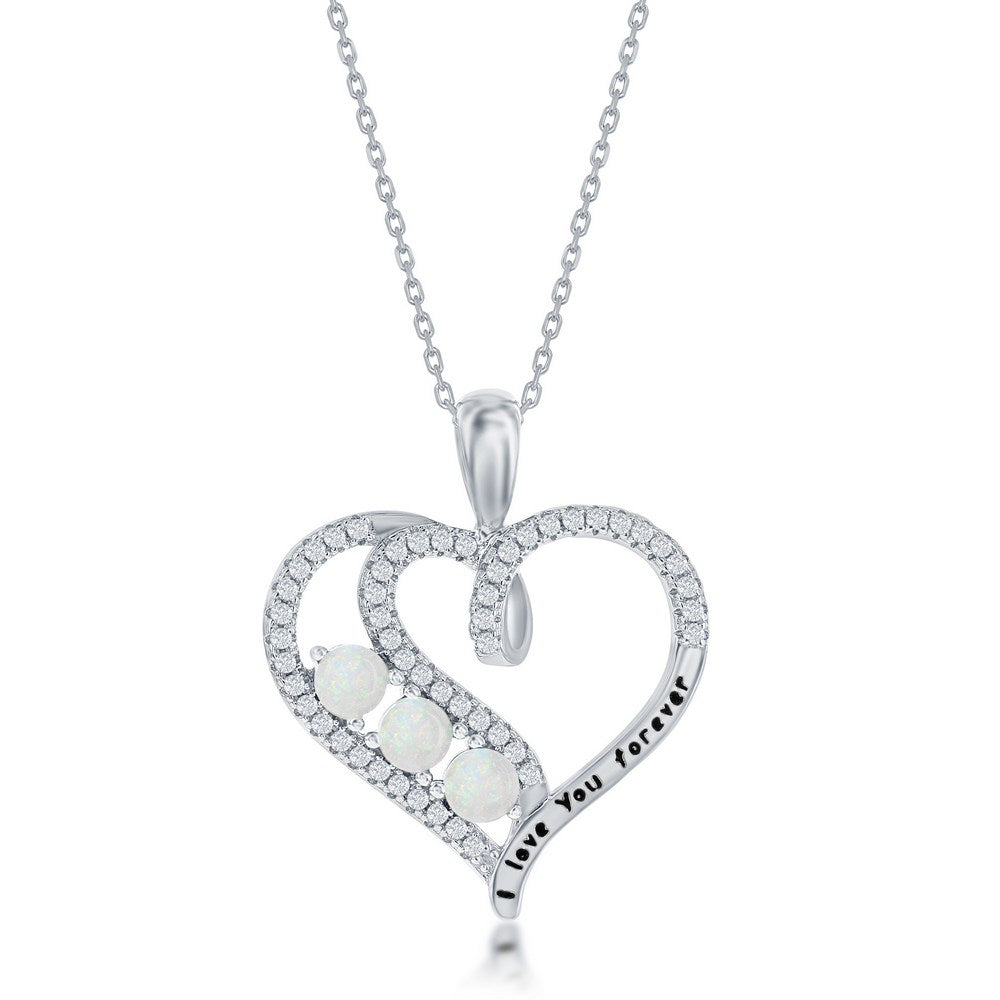 Sterling Silver 'I Love You Forever' CZ Heart Pendant - White Opal. Chain NOT included