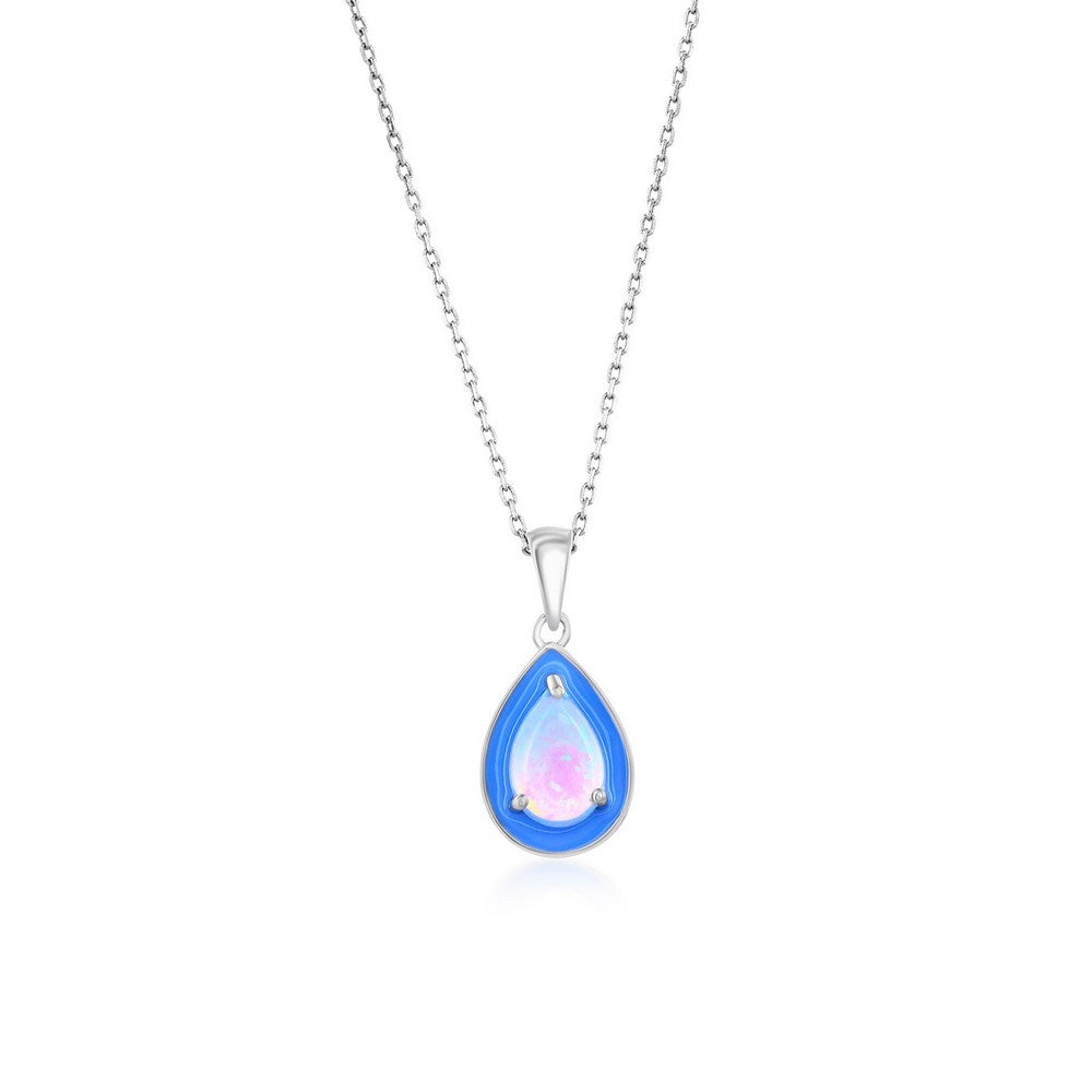 Sterling Silver White Opal & Blue Enamel Pearshaped Pendant