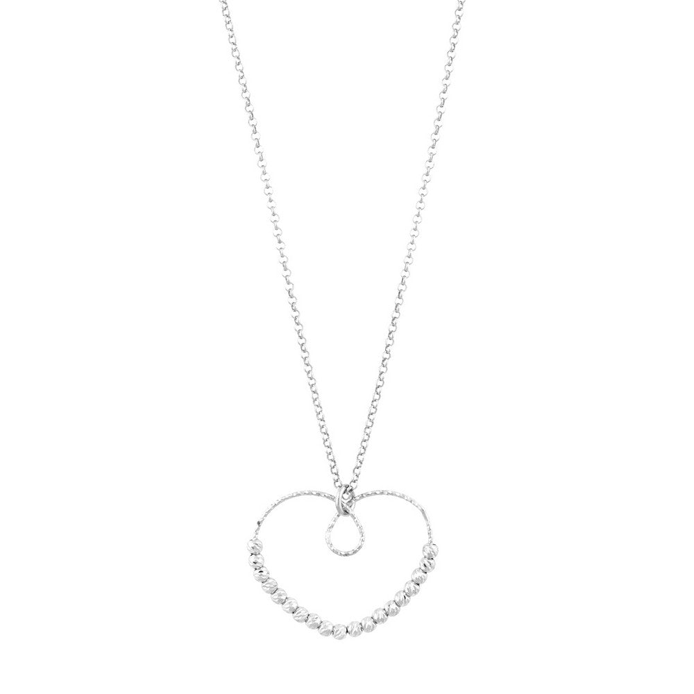 18 inch Sterling Silver Diamond Cut Beads Open Heart Necklace