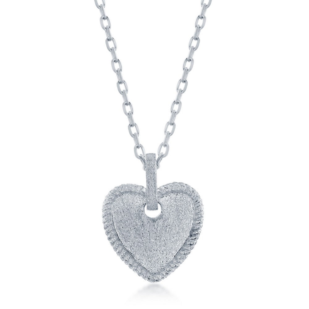 16+2 inch Sterling Silver Matte Heart with Rope Design Border Necklace