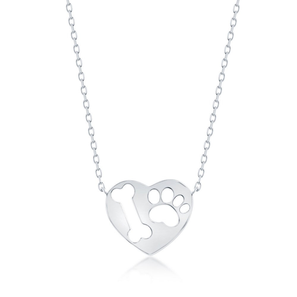 18 inch Sterling Silver Paw Print & Bone Cut-out Heart Necklace