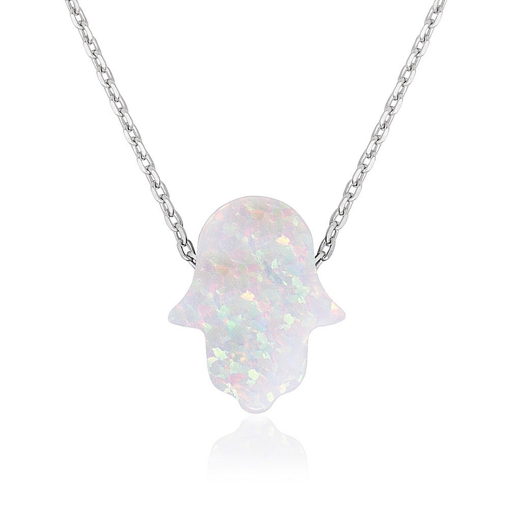 18 inch Sterling Silver Opal Hamsa Necklace - White