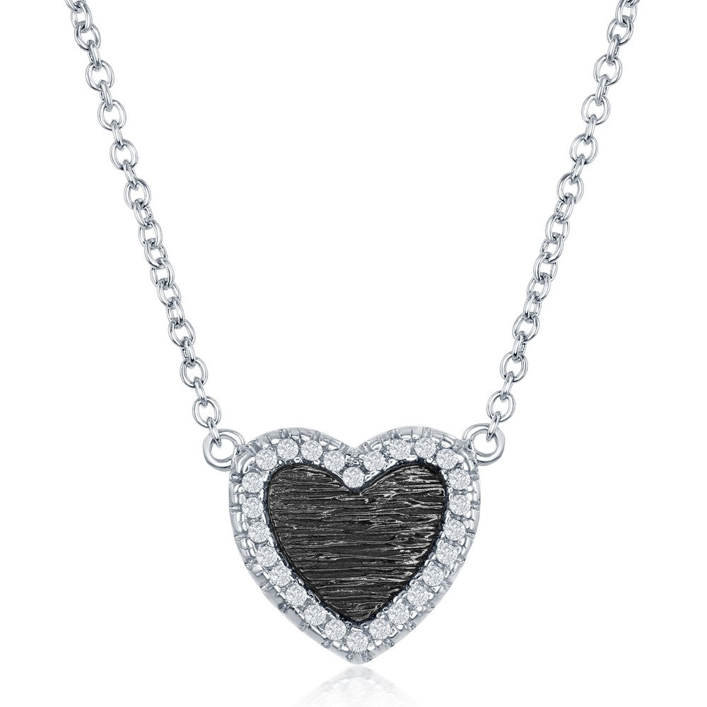18 inch Sterling Silver Small Heart Shaped Elephant Skin with CZ Border Necklace