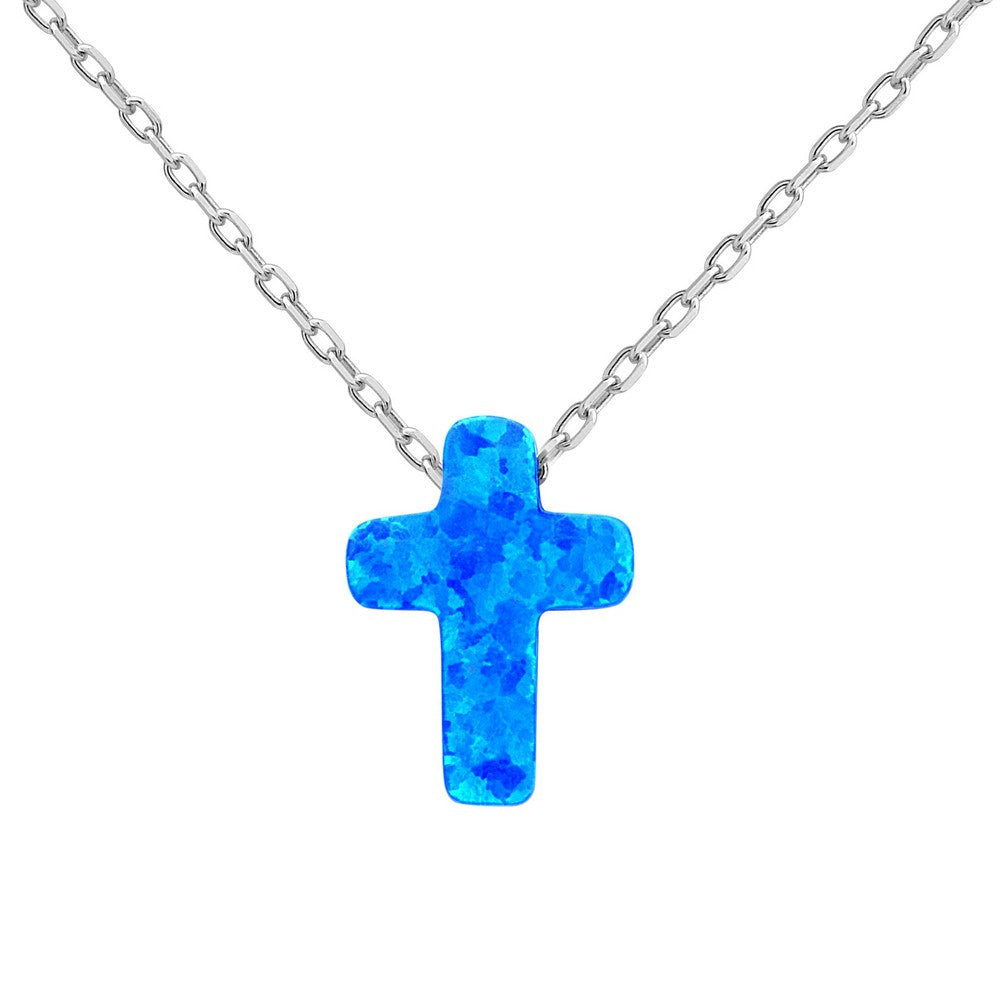 18 inch Sterling Silver Small Blue Opal Cross Necklace