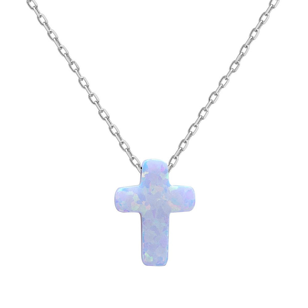 18 inch Sterling Silver Small White Opal Cross Necklace