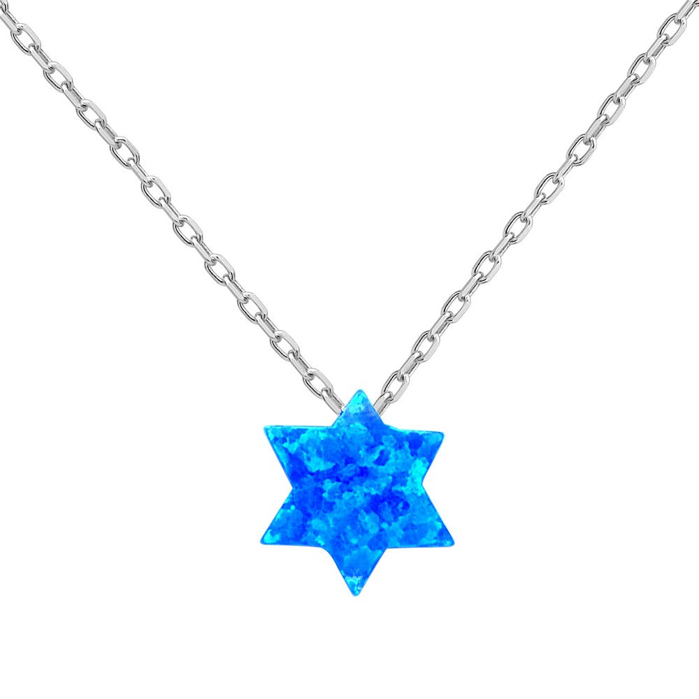 18 inch Sterling Silver Small Blue Opal Star of David Necklace
