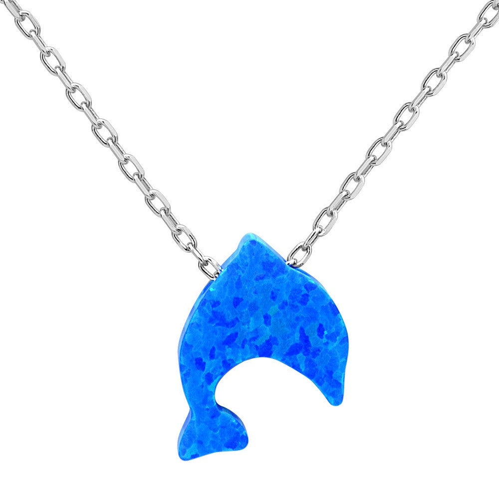 18 inch Sterling Silver  Small Blue Opal Dolphin Necklace