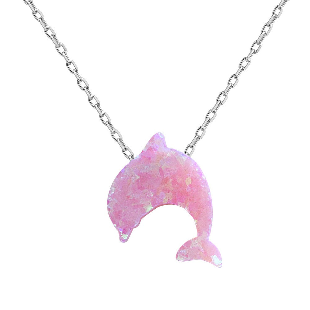 18 inch Sterling Silver Small Pink Opal Dolphin Necklace