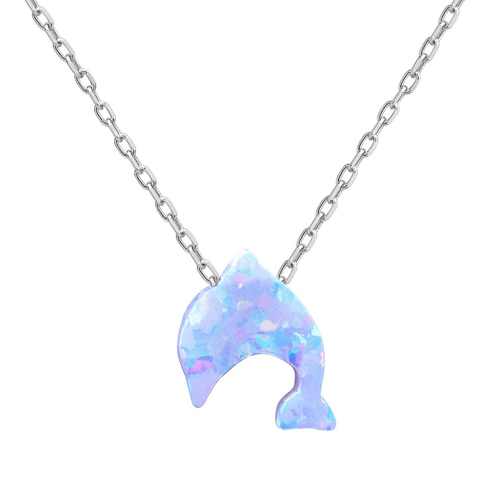 18 inch Sterling Silver  Small White Opal Dolphin Necklace