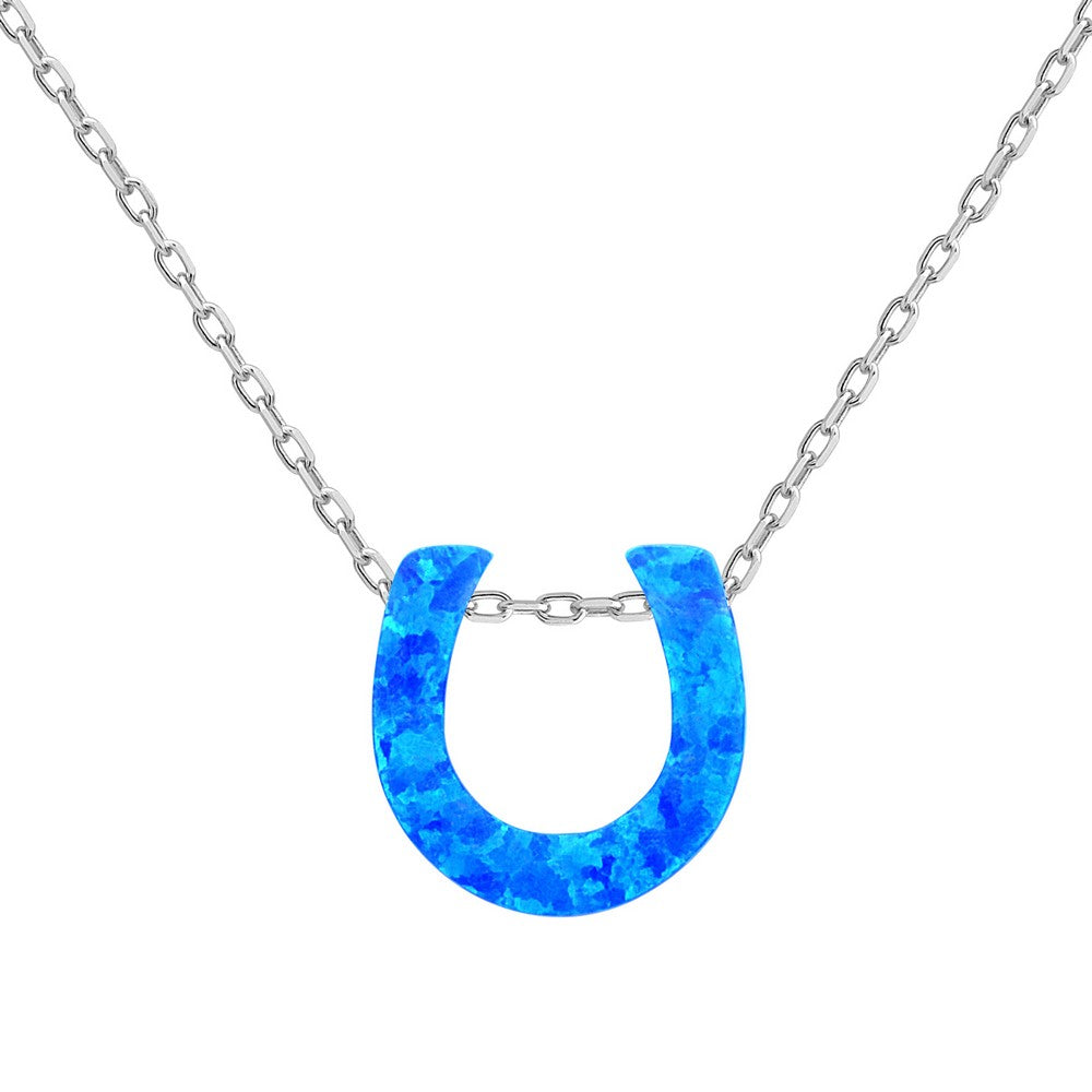 18 inch Sterling Silver Small Blue Opal Horseshoe Necklace