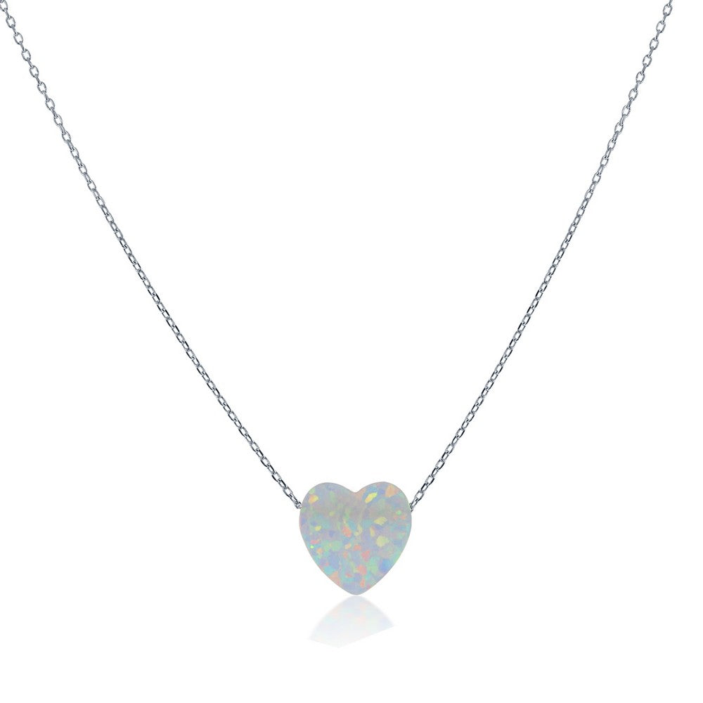 18 inch Sterling Silver Small White Opal Heart Necklace