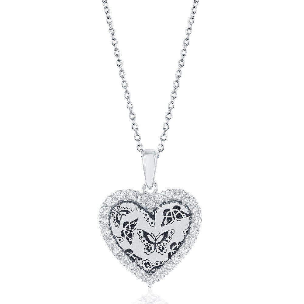 16”+2 inch Sterling Silver CZ Border Heart with Butterfly Design Necklace