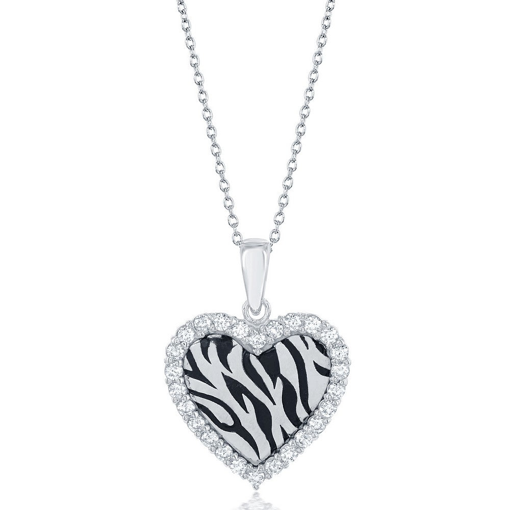 Sterling Silver CZ Border Heart with Zebra Design 18” Necklace