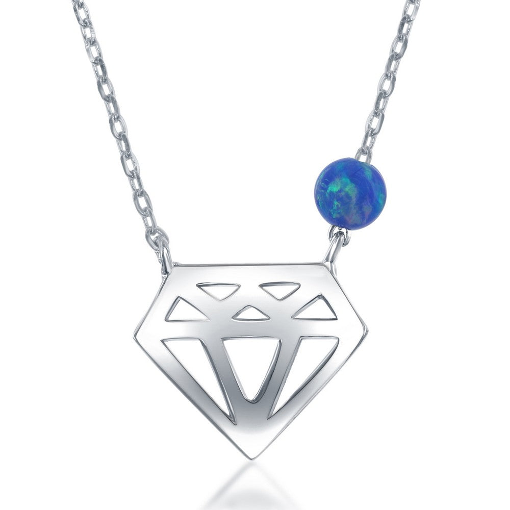 18 inch Sterling Silver Diamond Cut-out with Blue Opal Bead Necklace