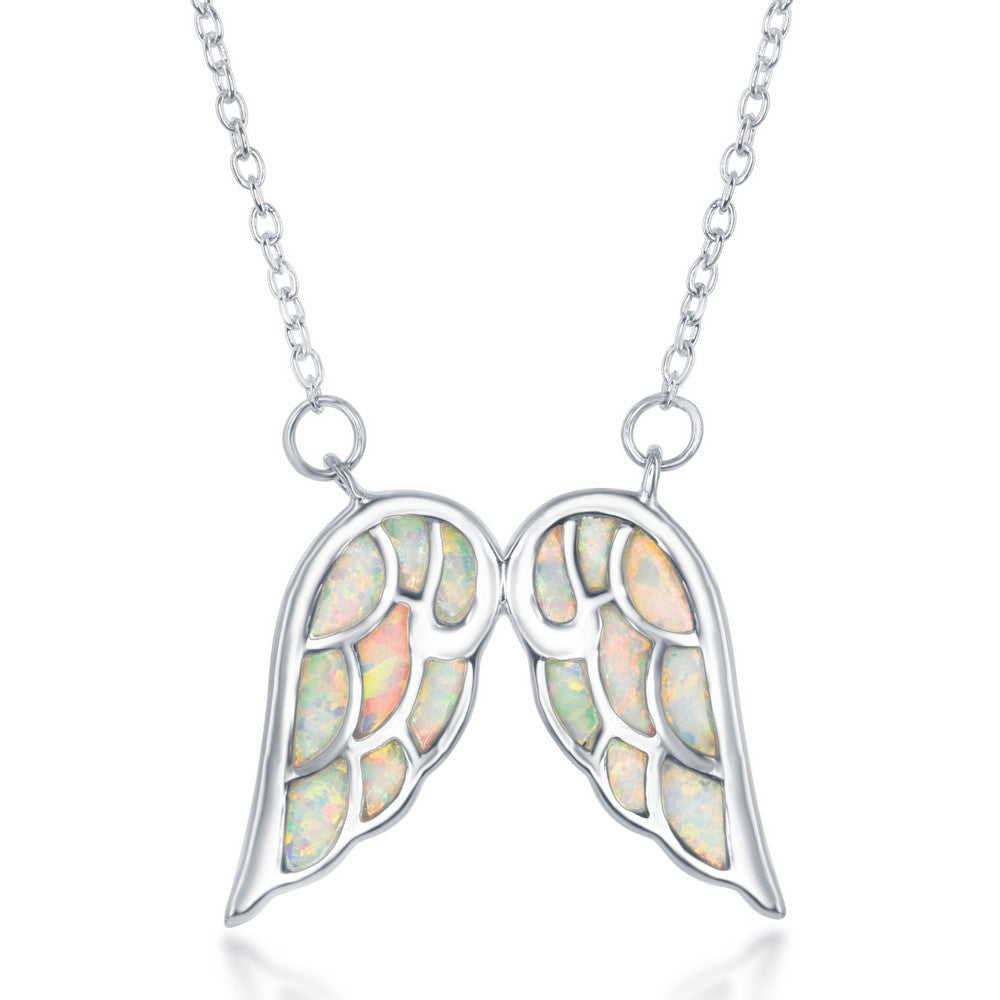 16”+2 inch Sterling Silver Opal Angel Wings Necklace - White Opal