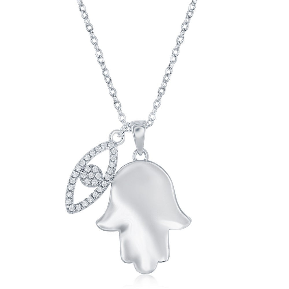 16”+2 inch Sterling Silver Shiny Hamsa with CZ Evil Eye Necklace