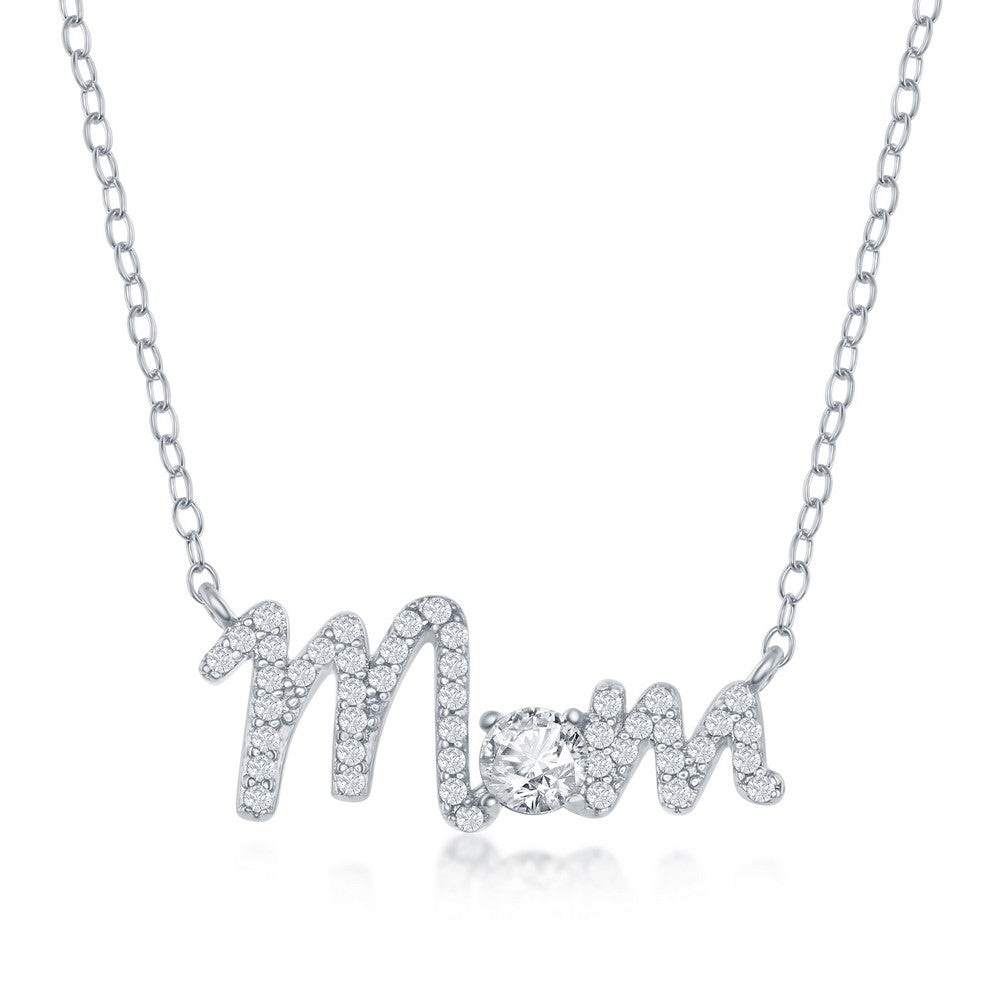 18 inch Sterling Silver CZ 'Mom' Necklace