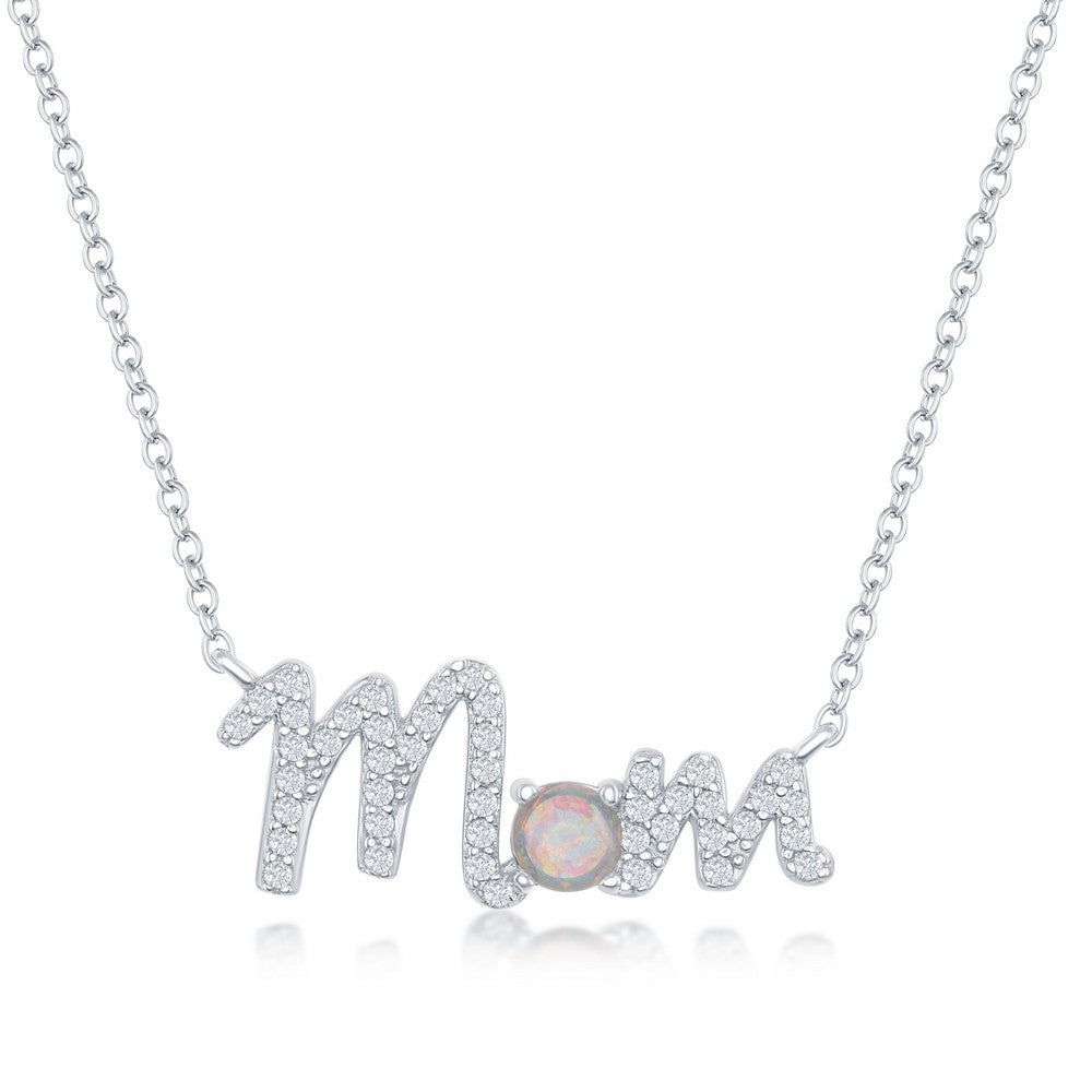 18 inch Sterling Silver CZ and White Opal 'Mom' Necklace