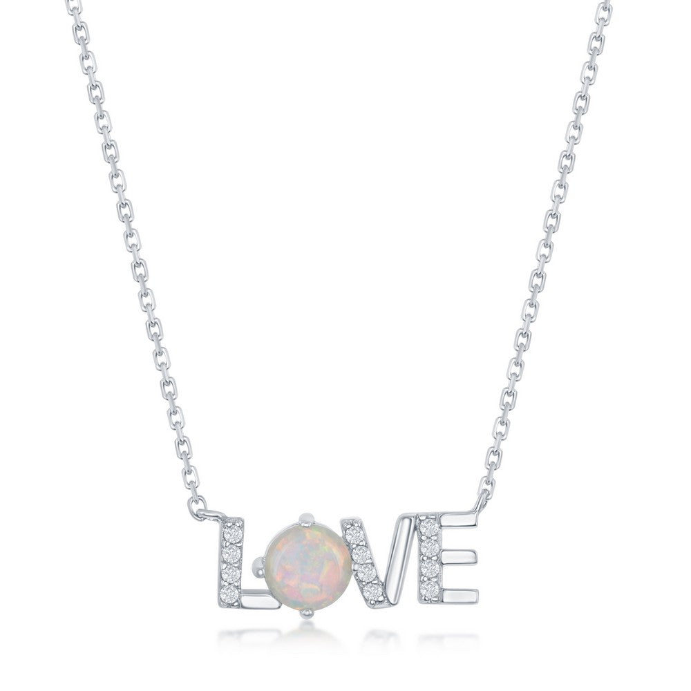 18 inch Sterling Silver CZ and White Opal 'Love' Necklace