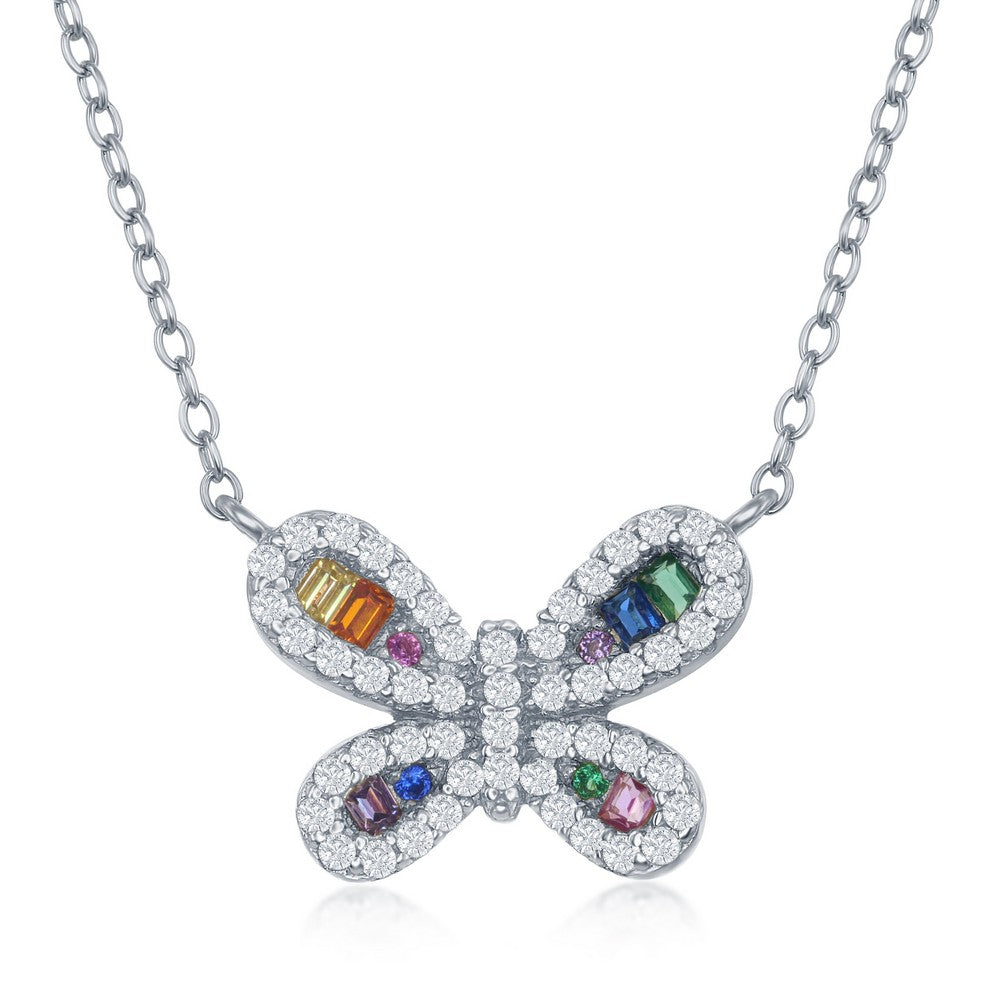 18 inch Sterling Silver Rainbow CZ Butterfly Neckalce