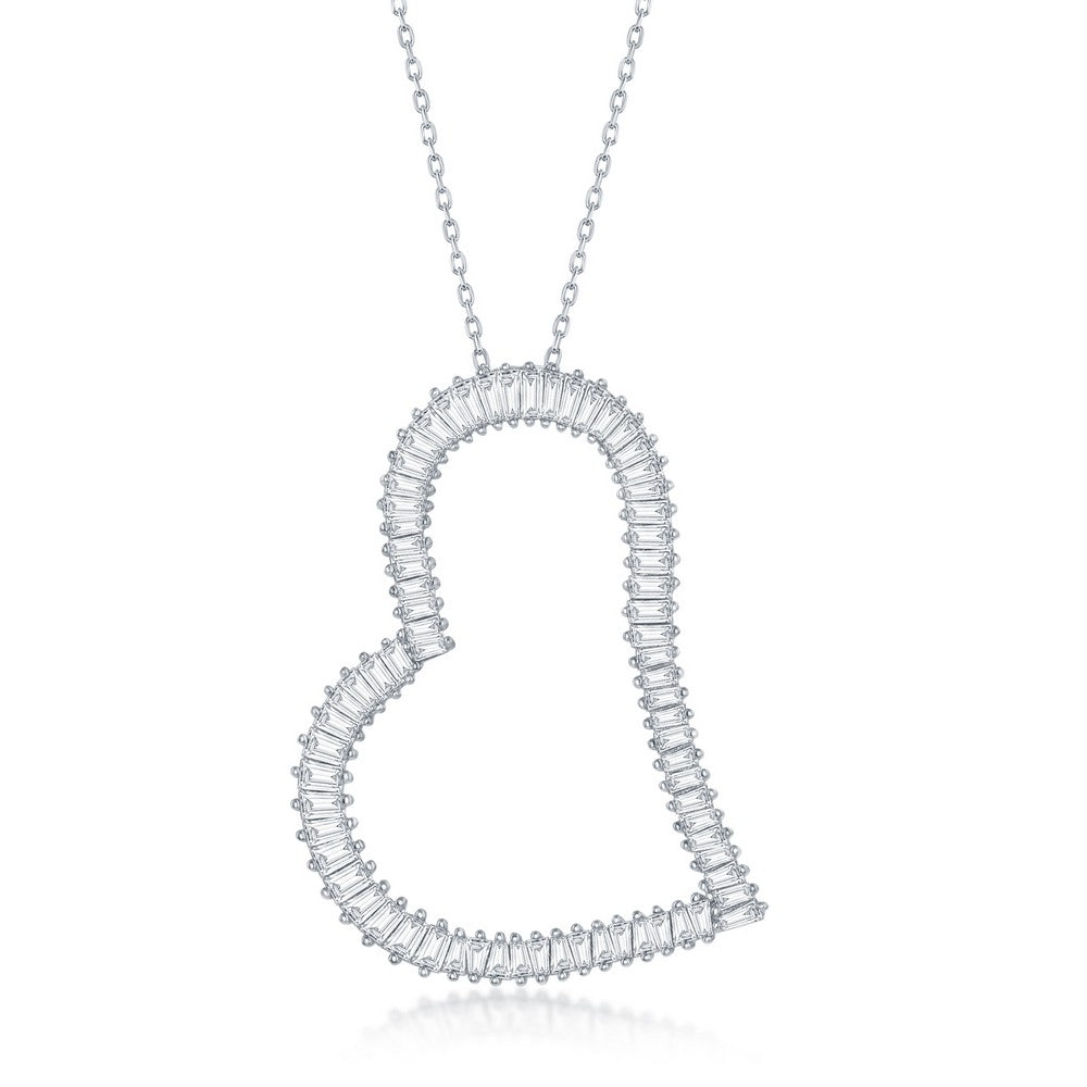 16”+2 inch Sterling Silver Large Baguette CZ Heart Necklace