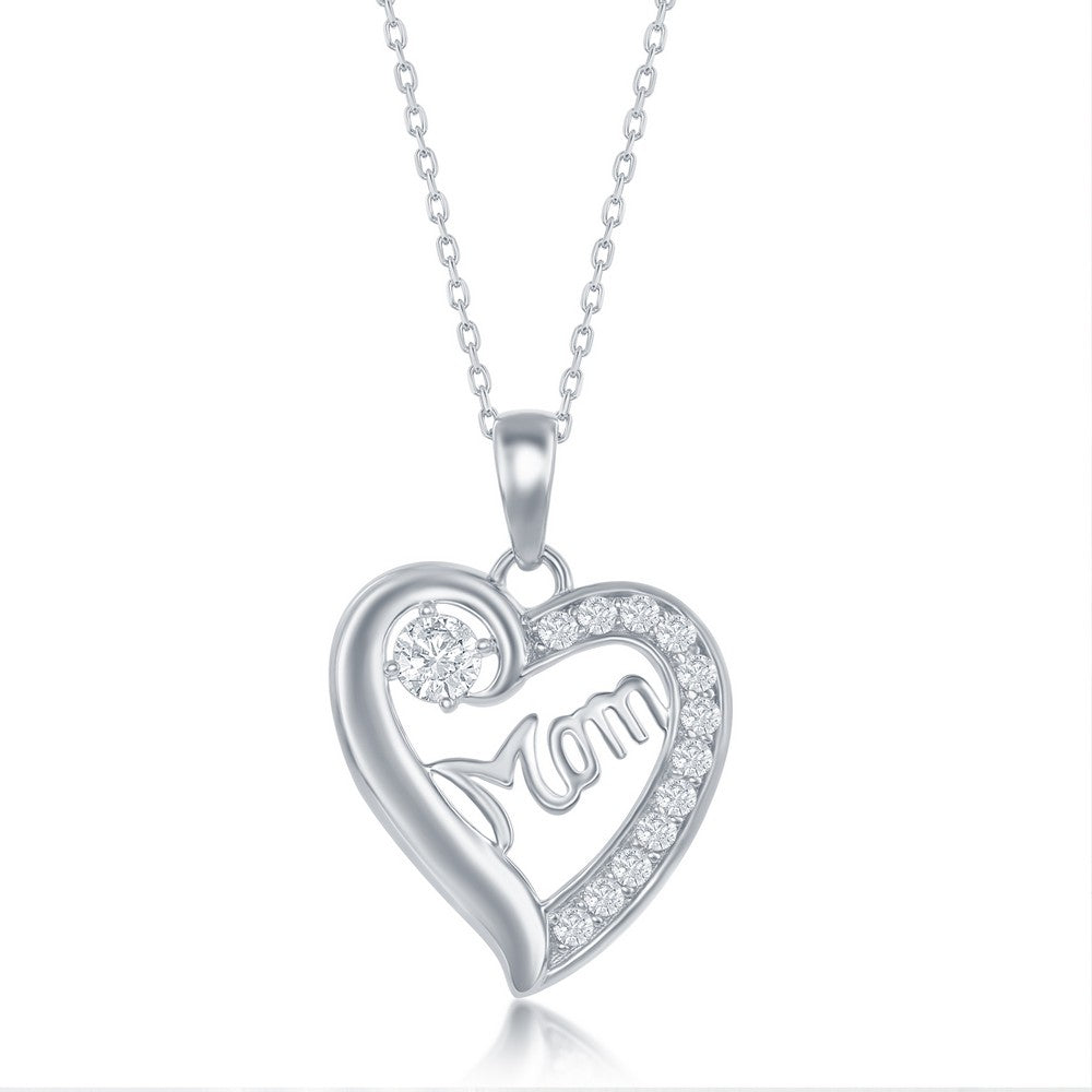 18 inch Sterling Silver 'Mom' CZ Heart Necklace