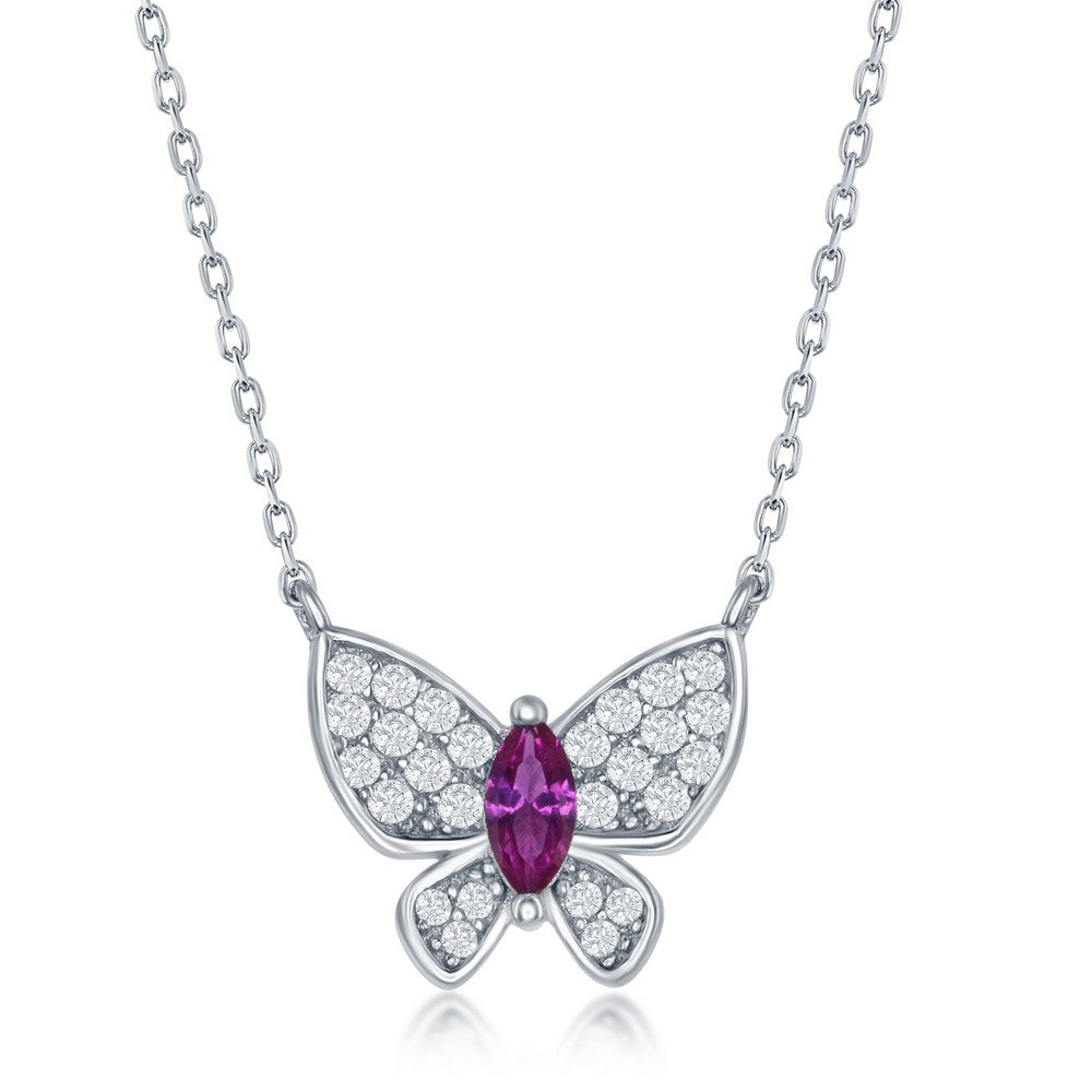 18 inch Sterling Silver White CZ with Center Ruby CZ Buterfly Necklace