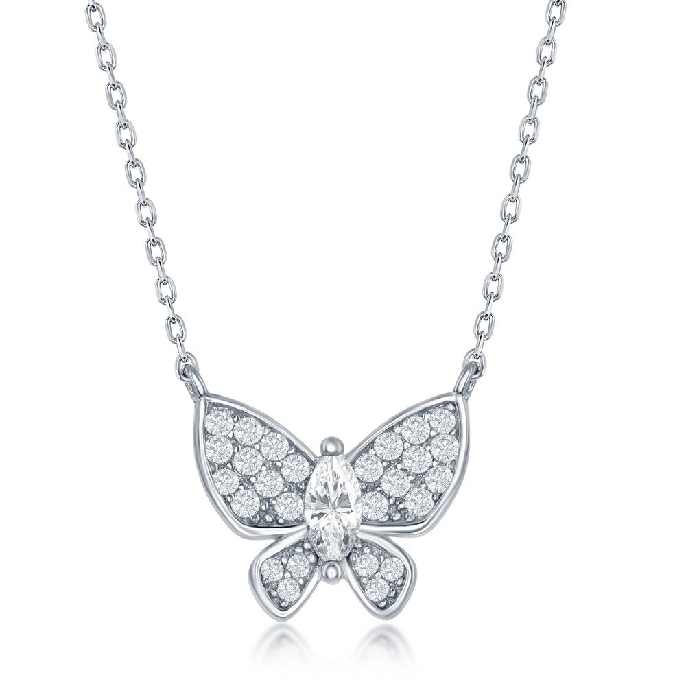 18 inch Sterling Silver White CZ Butterfly Neckalce