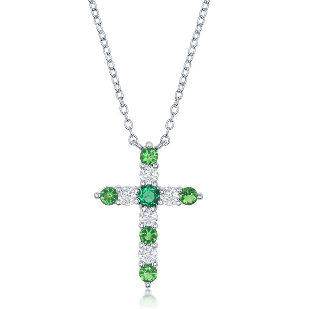 16+2 Inch Sterling Silver Emerald CZ 'May Birthstone' Cross Necklace