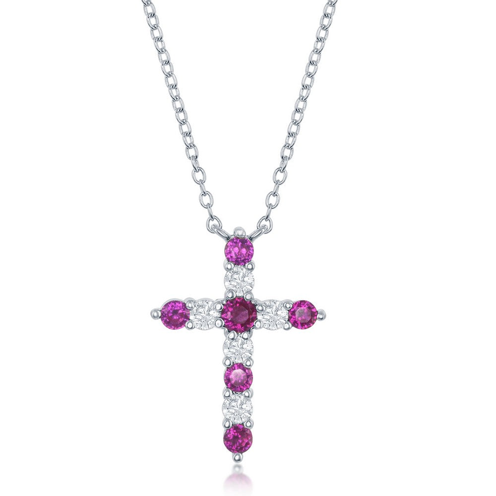 16+2 Inch Sterling Silver Ruby CZ 'July Birthstone' Cross Necklace