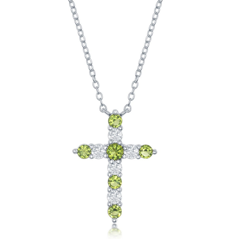 16+2 Inch Sterling Silver Peridot CZ 'August Birthstone' Cross Necklace