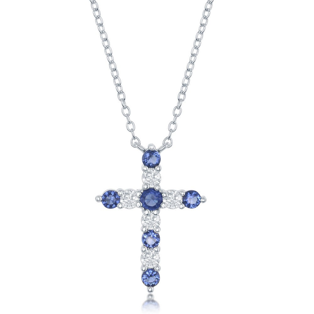 16+2 Inch Sterling Silver Sapphire CZ 'September Birthstone' Cross Necklace