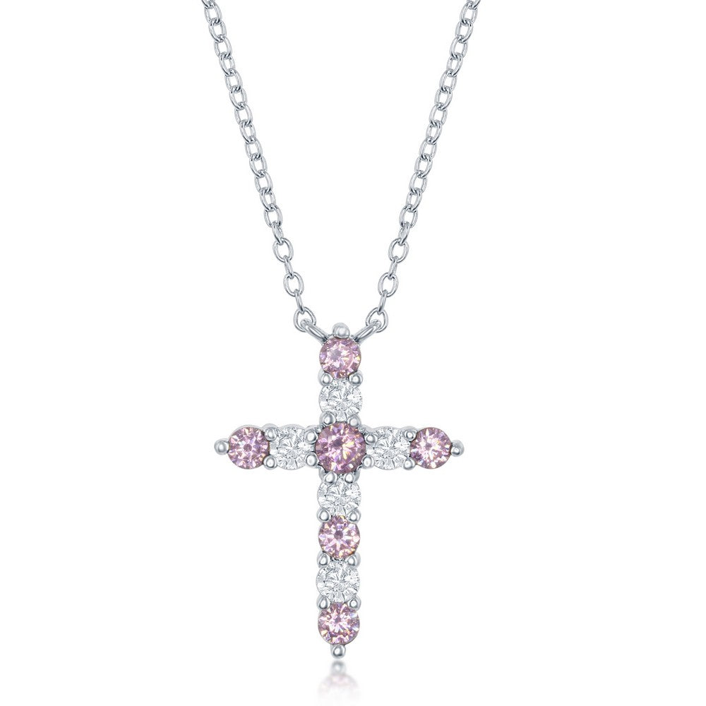 16+2 Inch Sterling Silver Pink CZ 'October Birthstone' Cross Necklace
