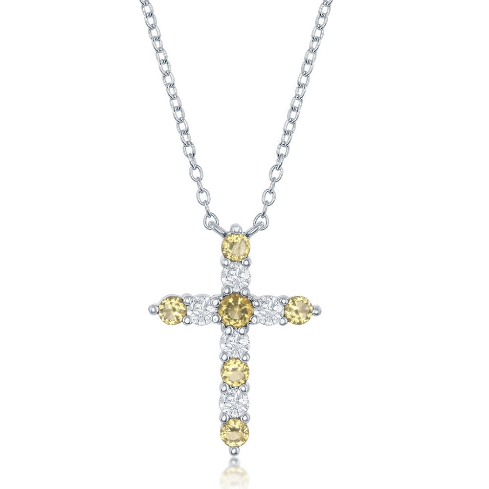 16+2 Inch Sterling Silver Citrine CZ 'November Birthstone' Cross Necklace