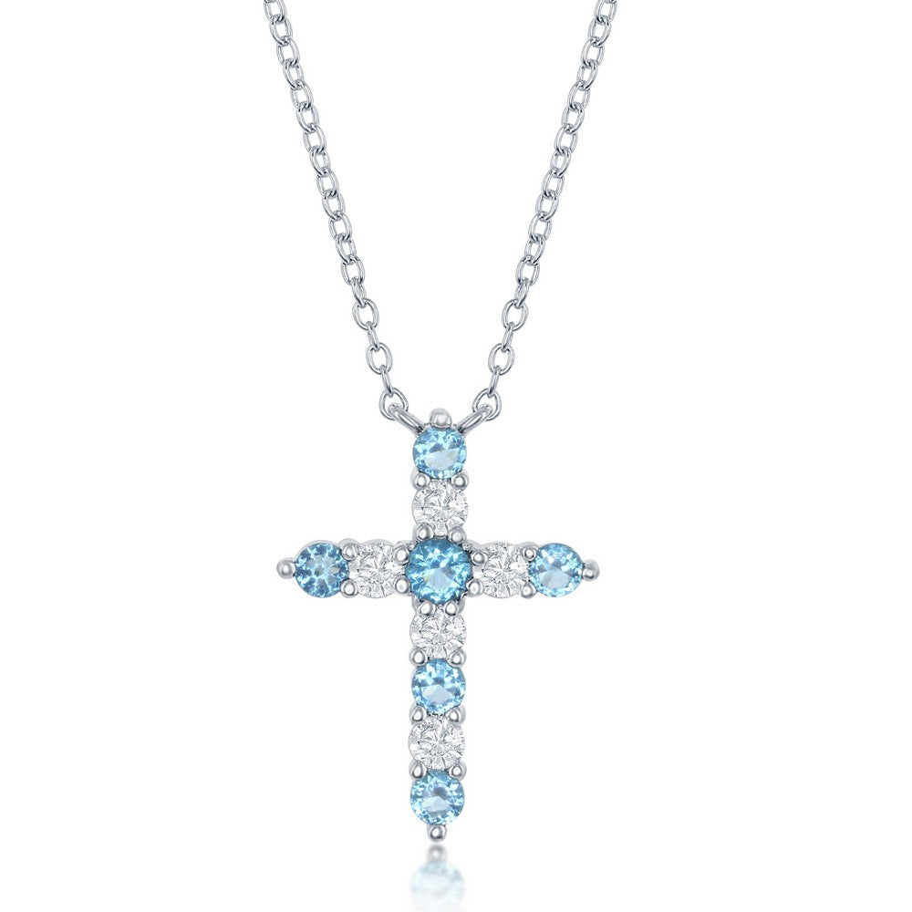 16+2 Inch Sterling Silver Swiss Blue CZ 'December Birthstone' Cross Necklace