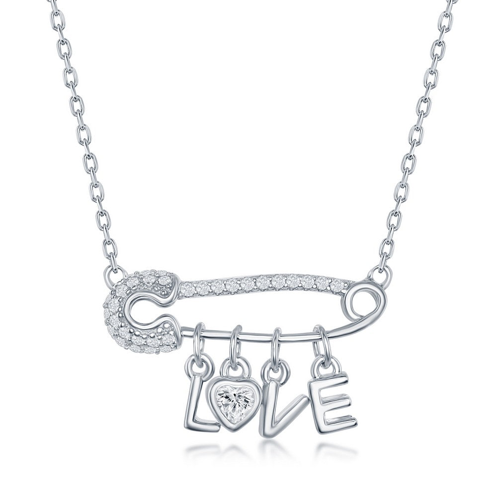 16+2 inch Sterling Silver CZ Safety Pin 'LOVE' Necklace