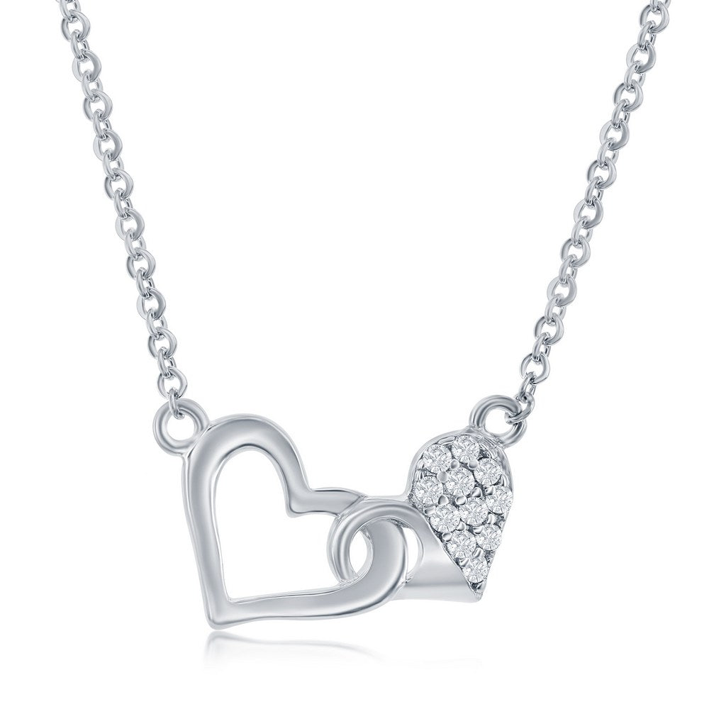 16+2 inch Sterling Silver Double Heart Necklace - White CZ