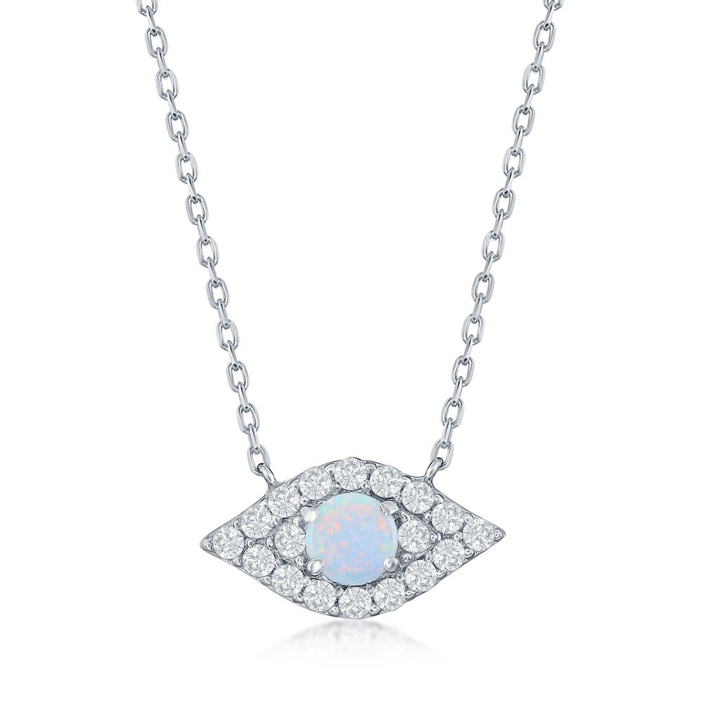 18 inch Sterling Silver White Opal & CZ Evil Eye Necklace