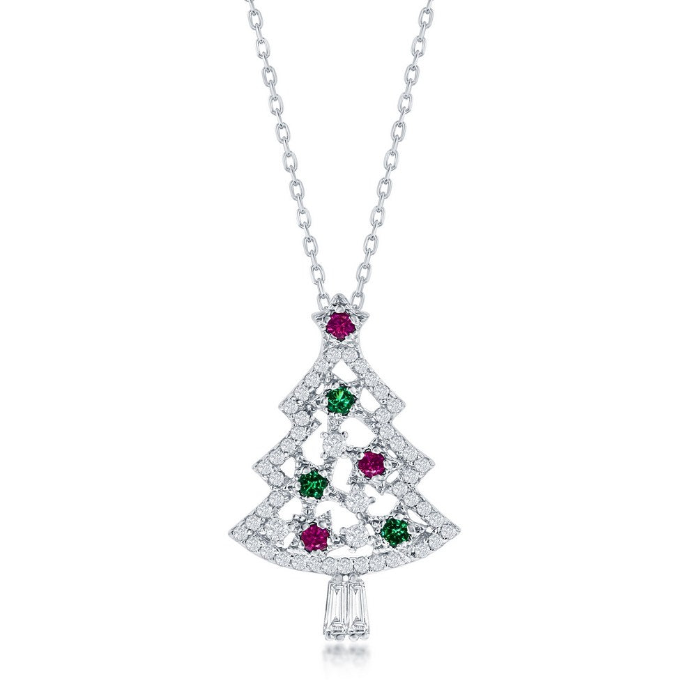 16+2 inch Sterling Silver Green, Red & White Christmas Tree Necklace