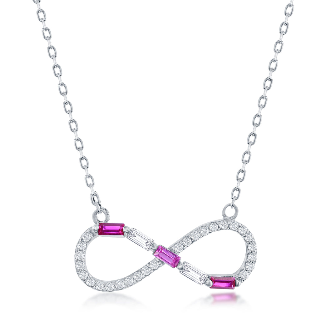 16+2 inch Sterling Silver Round & Baguette CZ Infinity Necklace - Ruby CZ