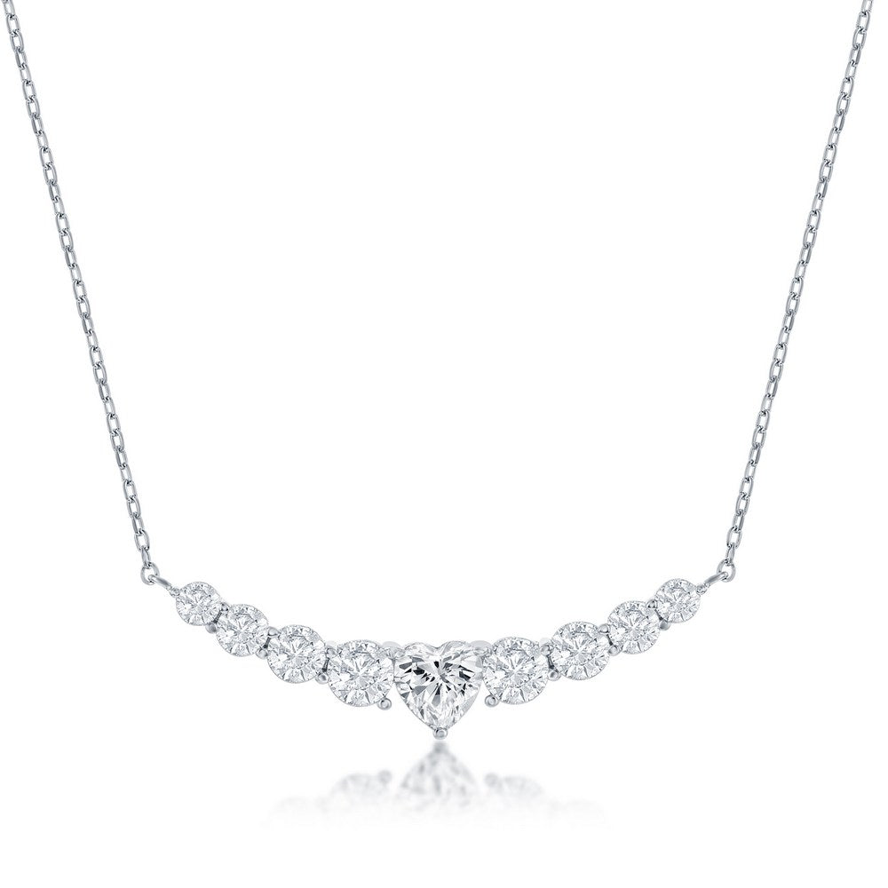 16+2 inch Sterling Silver Graduating Rund CZ with Center Heart Curved Bar Necklace