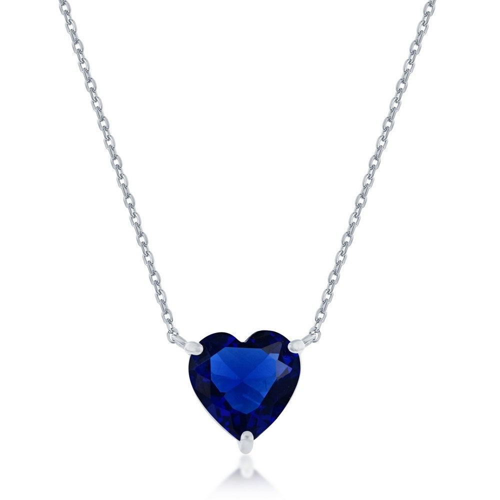 18 inch Sterling Silver 11mm Sapphire Heart Crystal Necklace